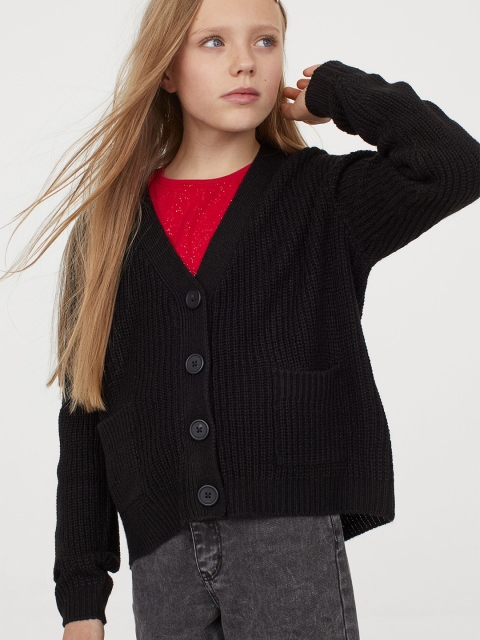 

H&M Girls Black Solid Pocket-Detail Cardigan