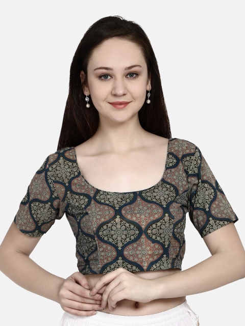

Molcha Women Blue & Brown Printed Readymade Ajrak Saree Blouse