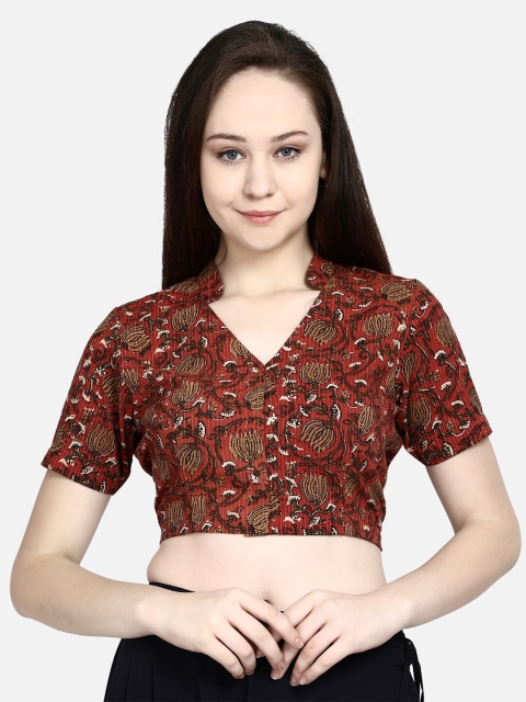 

Molcha Women Maroon & Brown Sanganeri Printed Handcrafted Ready Made Saree Blouse