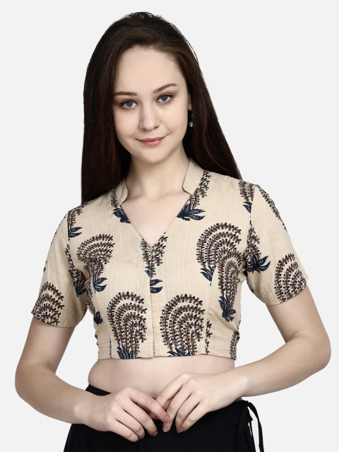 

Molcha Women Beige & Black Sanganeri Printed Saree Blouse