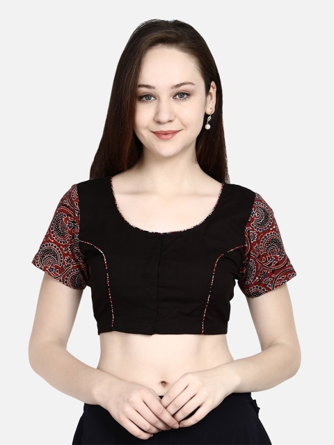 

Molcha Women Black Solid Readymade Ajrak Saree Blouse