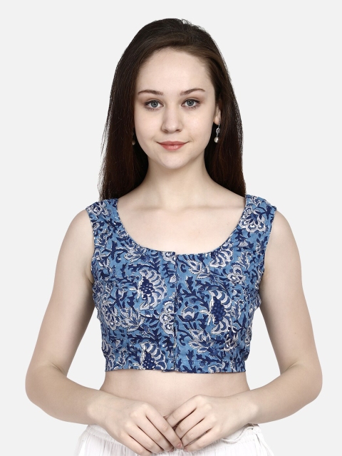 

Molcha Women Blue & Beige Sanganeri Printed Handcrafted Ready Made Saree Blouse
