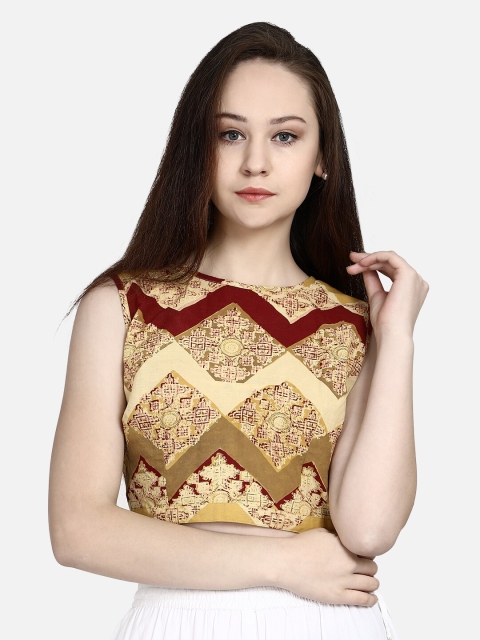 

Molcha Women Beige & Maroon Ajrak Printed Readymade Blouse