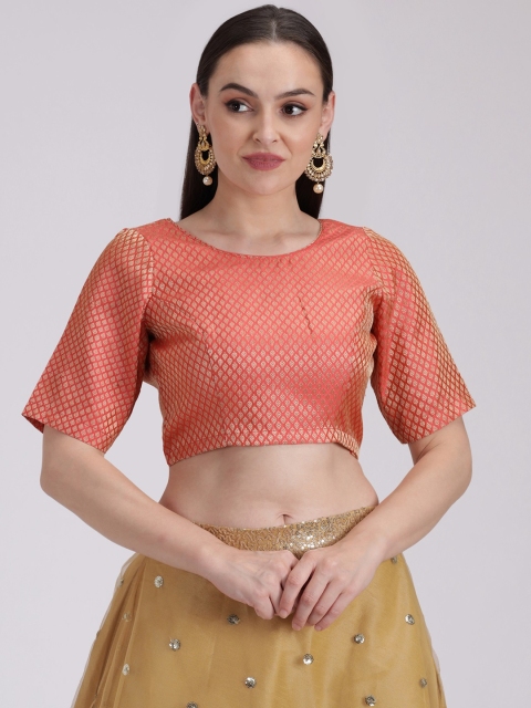 

studio rasa Women Coral Orange & Gold-Coloured Woven-Design Brocade Saree Blouse