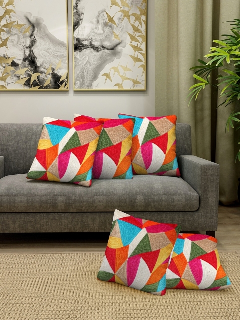 

KLOTTHE Multicoloured Set of 5 Embroidered Square Cushion Covers, Multi