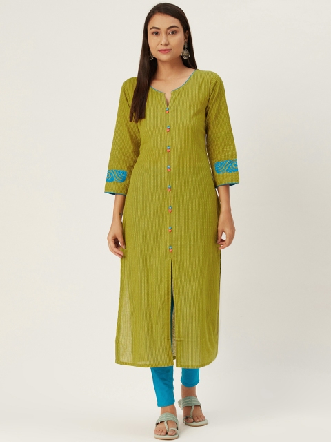 

DIVA WALK Women Lime Green & Red Striped Cotton A-Line Kurta