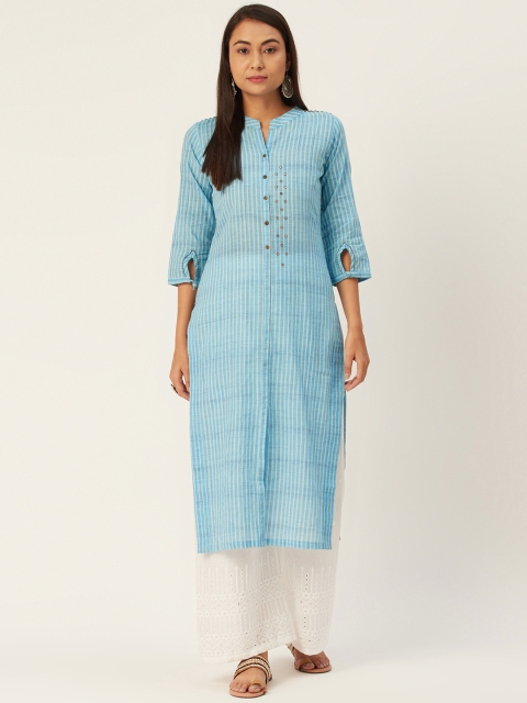 DIVA WALK Women Blue Striped Mirrorwork Straight Kurta