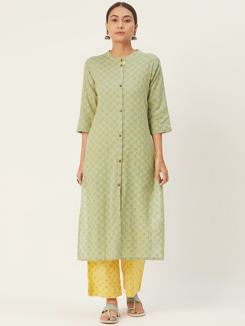 

DIVA WALK Women Green & Yellow Checked Cotton Kurta with Palazzos