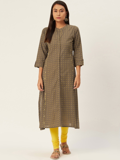 

DIVA WALK Women Olive Green & Yellow Woven Design Cotton Straight Kurta