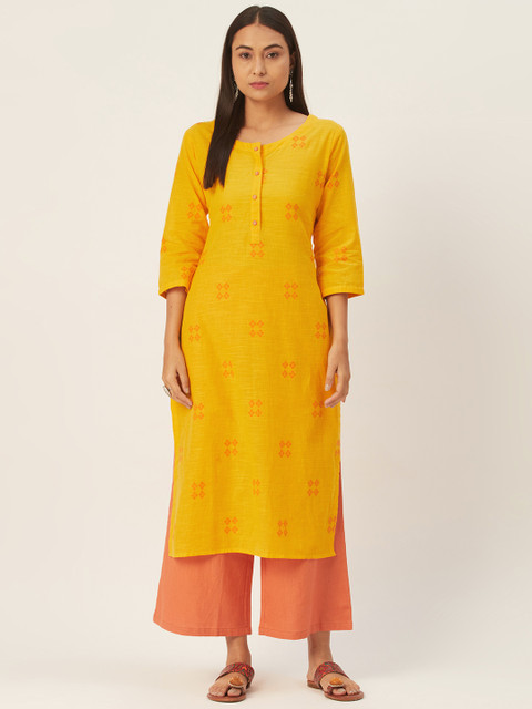 

DIVA WALK Women Mustard Yellow & Peach-Coloured Woven Design Cotton Kurta with Palazzos