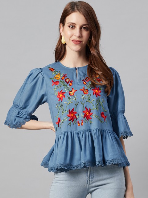 

I AM FOR YOU Women Blue & Red Floral Embroidered A-Line Top