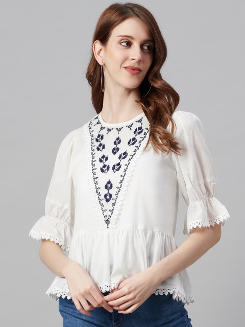 

I AM FOR YOU Women White & Navy Blue Pure Cotton Embroidered A-Line Top