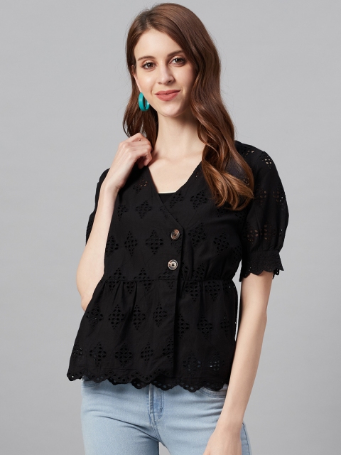 

I AM FOR YOU Women Black Pure Cotton Schiffli Embroidered Wrap Top