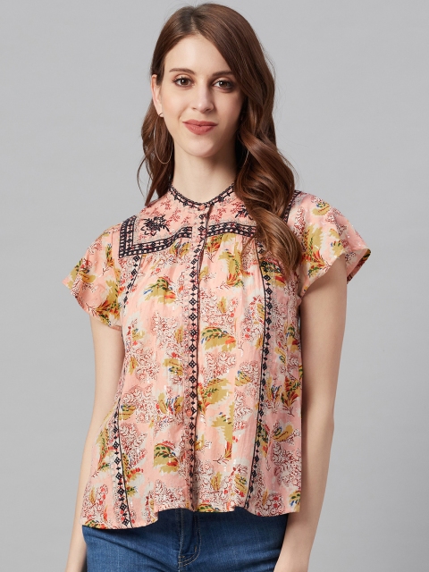 

I AM FOR YOU Women Pink & Mustard Yellow Pure Cotton Floral Print A-Line Top
