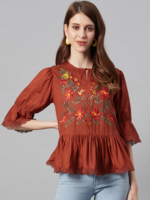 

I AM FOR YOU Women Rust Orange & Green Floral Embroidered A-Line Top