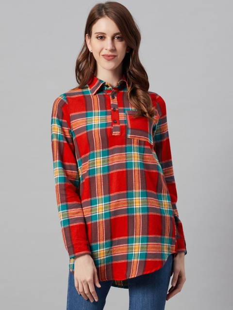 

I AM FOR YOU Women Red & Green Pure Cotton Checked Shirt Style Top