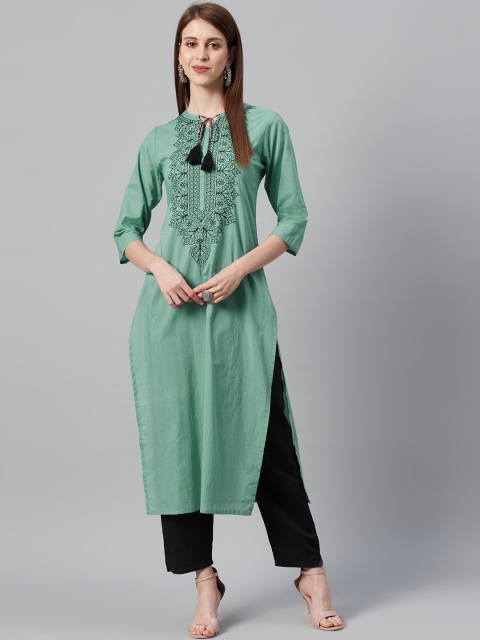 

I AM FOR YOU Women Green & Black Embroidered Straight Kurta