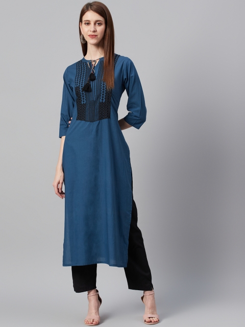 

I AM FOR YOU Women Blue & Black Embroidered Straight Kurta