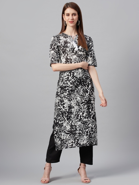 

I AM FOR YOU Women Black & White Printed Straight Kurta
