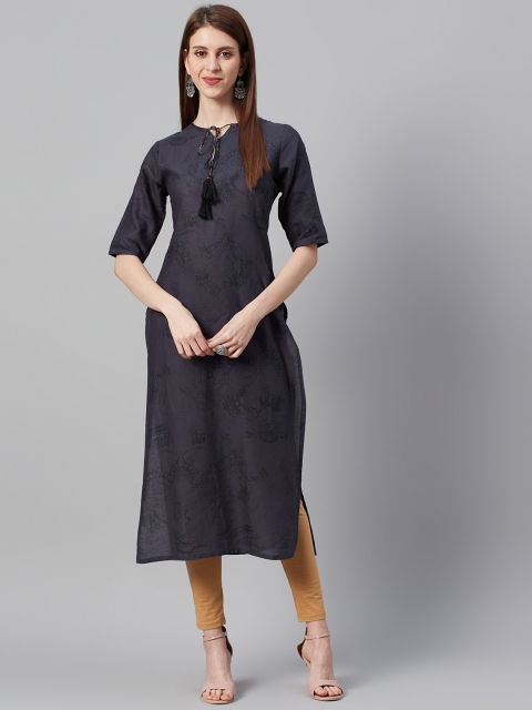 

I AM FOR YOU Women Purple & Black Floral Printed Straight Kurta