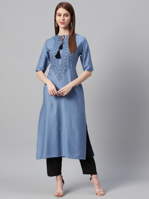 

I AM FOR YOU Women Blue Yoke Design Straight Kurta