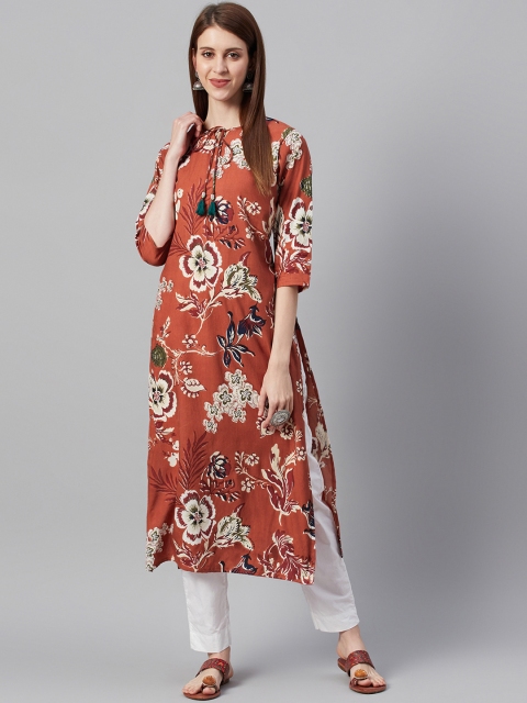 

I AM FOR YOU Women Rust & Green Printed Straight Kurta