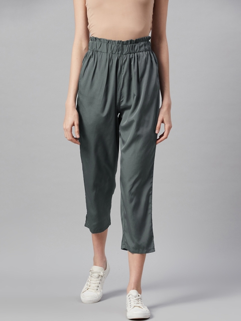 

I AM FOR YOU Women Charcoal Grey Loose Fit Solid Cropped Regular Trousers