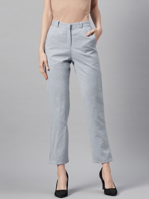 

I AM FOR YOU Women Blue Solid Cropped Regular Chambray Trousers