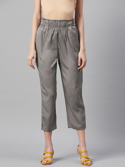 

I AM FOR YOU Women Charcoal Grey Loose Fit Solid Cropped Regular Trousers