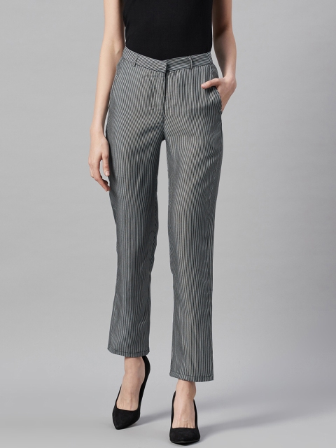 

I AM FOR YOU Women Charcoal Grey & White Regular Fit Striped Trousers