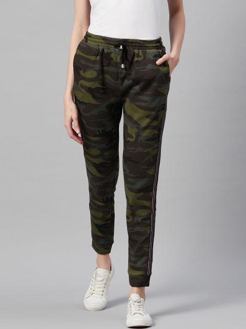 

I AM FOR YOU Women Olive Green & Brown Camouflage Printed Joggers