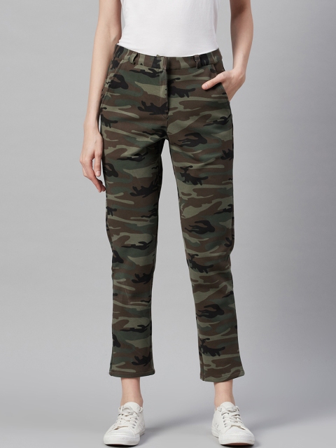 

I AM FOR YOU Women Olive Green & Brown Camouflage Printed Cropped Regular Trousers
