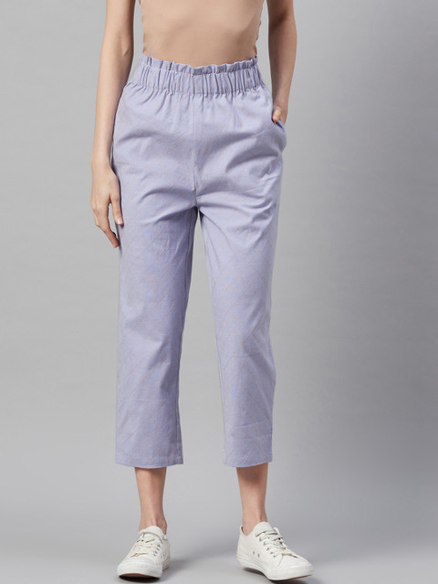 

I AM FOR YOU Women Lavender Loose Fit Self-Checked Cropped Regular Trousers