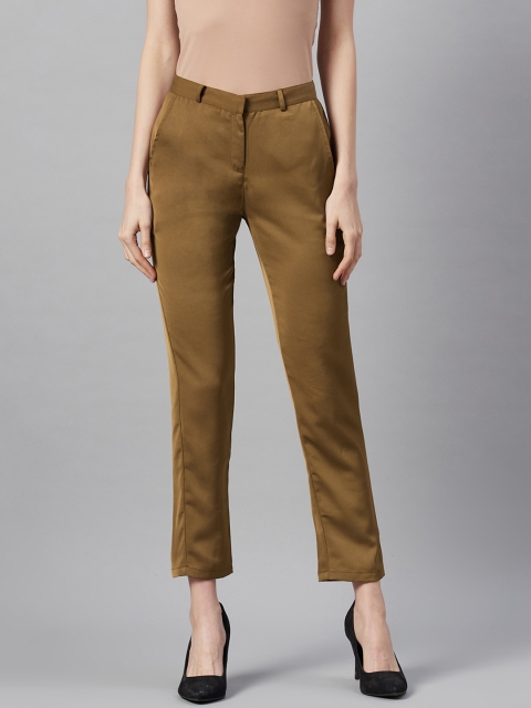 

I AM FOR YOU Women Olive Brown Solid Cropped Regular Trousers