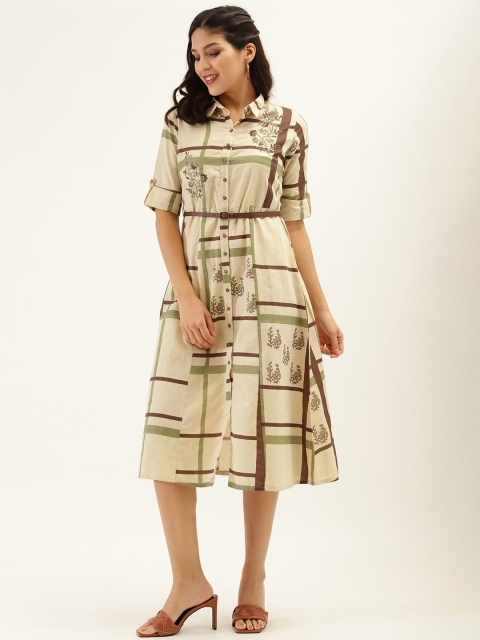 

Laabha Women Cream-Coloured & Green Checked Shirt Dress
