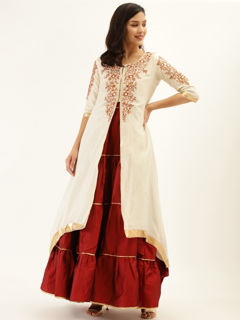 

Laabha Women Maroon & Off-White Solid Maxi Dress & Ethnic Jacket