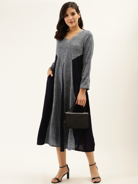 

Laabha Women Navy Blue Colourblocked A-Line Winter Dress