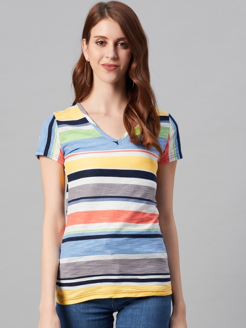 

I AM FOR YOU Women Multicoloured Striped V-Neck T-shirt, Multi
