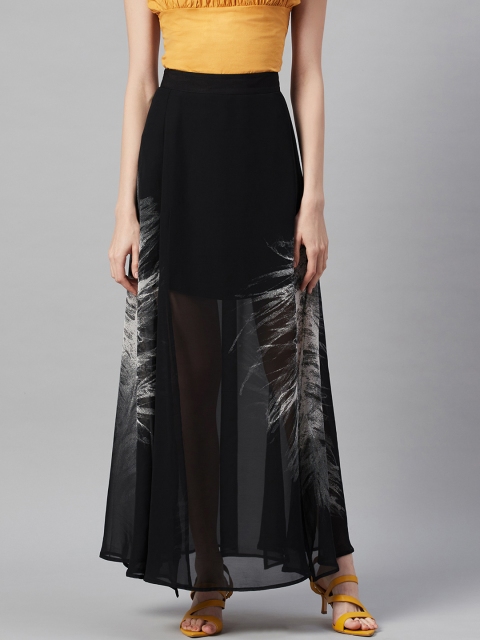 

I AM FOR YOU Women Black & White Abstract Printed Semi-Sheer Flared Maxi Skirt