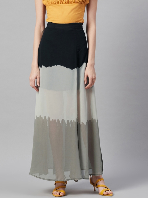 

I AM FOR YOU Women Grey & Black Colourblocked Semi-Sheer Flared Maxi Skirt