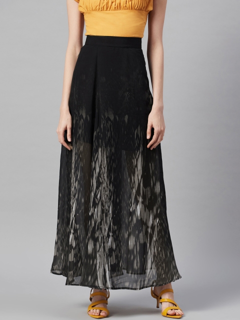 

I AM FOR YOU Women Black & Grey Abstract Printed Semi-Sheer Flared Maxi Skirt