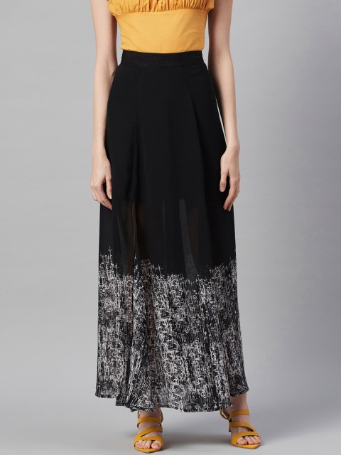 

I AM FOR YOU Women Black & White Abstract Printed Semi-Sheer Flared Maxi Skirt