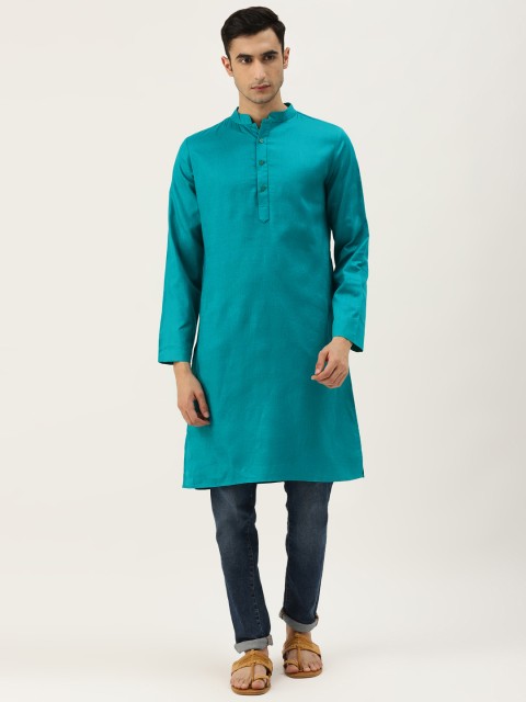 

Molly & Michel Men Teal Blue Checked Woven Design Pure Cotton Straight Kurta