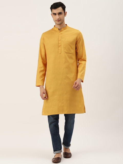 

Molly & Michel Men Mustard Yellow Checked Woven Design Pure Cotton Straight Kurta