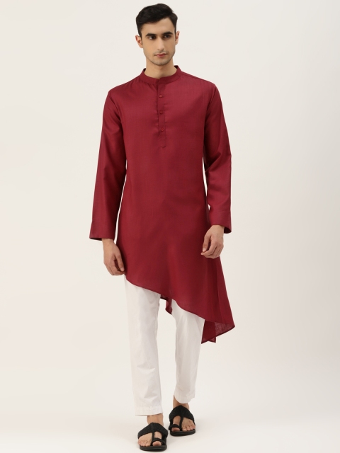 

Molly & Michel Men Maroon Solid Cotton Asymmetric Straight Kurta with Pleated Detail