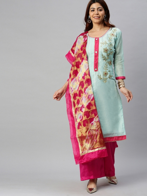 

Blissta Turquoise Blue & Pink Cotton Blend Unstitched Dress Material