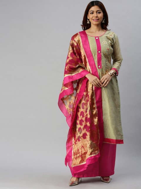 

Blissta Olive Green & Pink Cotton Blend Unstitched Dress Material