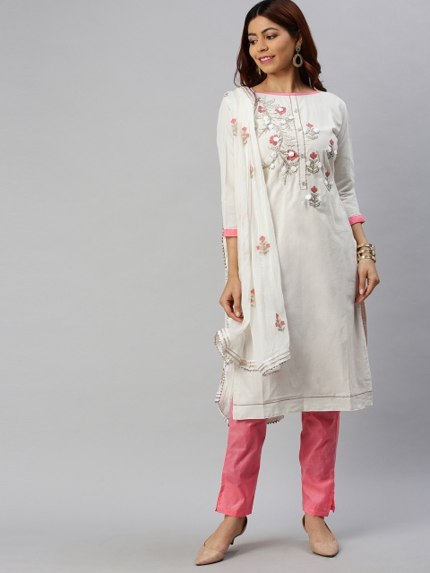 

Blissta Off-White & Pink Cotton Blend Unstitched Dress Material