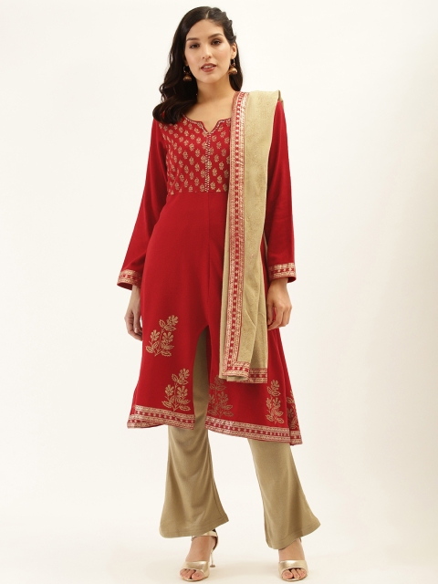 

Laabha Women Red & Beige Printed Winter Kurta with Trousers & Dupatta