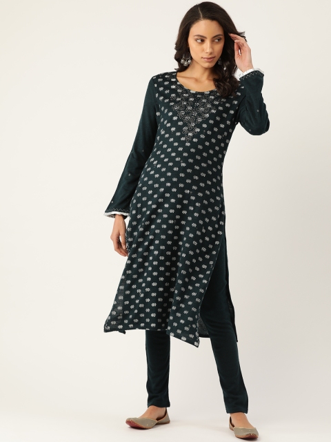 

Laabha Women Teal Green & White Printed Knitted Winter Kurta with Leggings